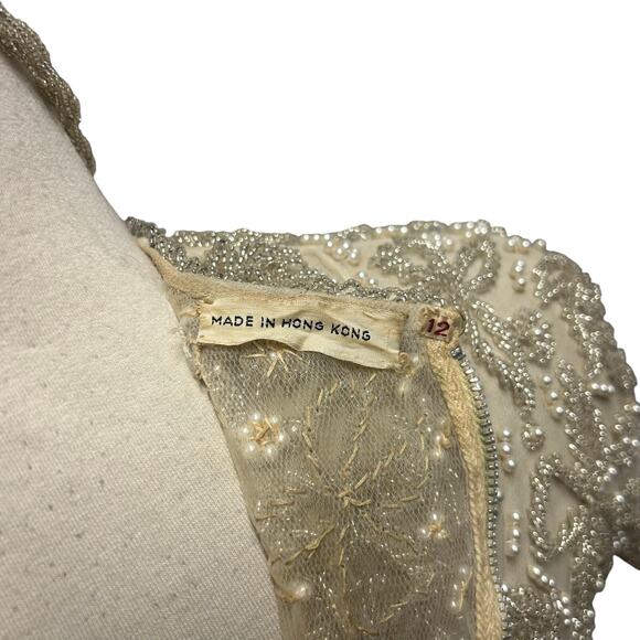 Vintage HandMade in Hong Kong Cream Clear and Pearl Beaded Dress Size 12 - Picture 9 of 9